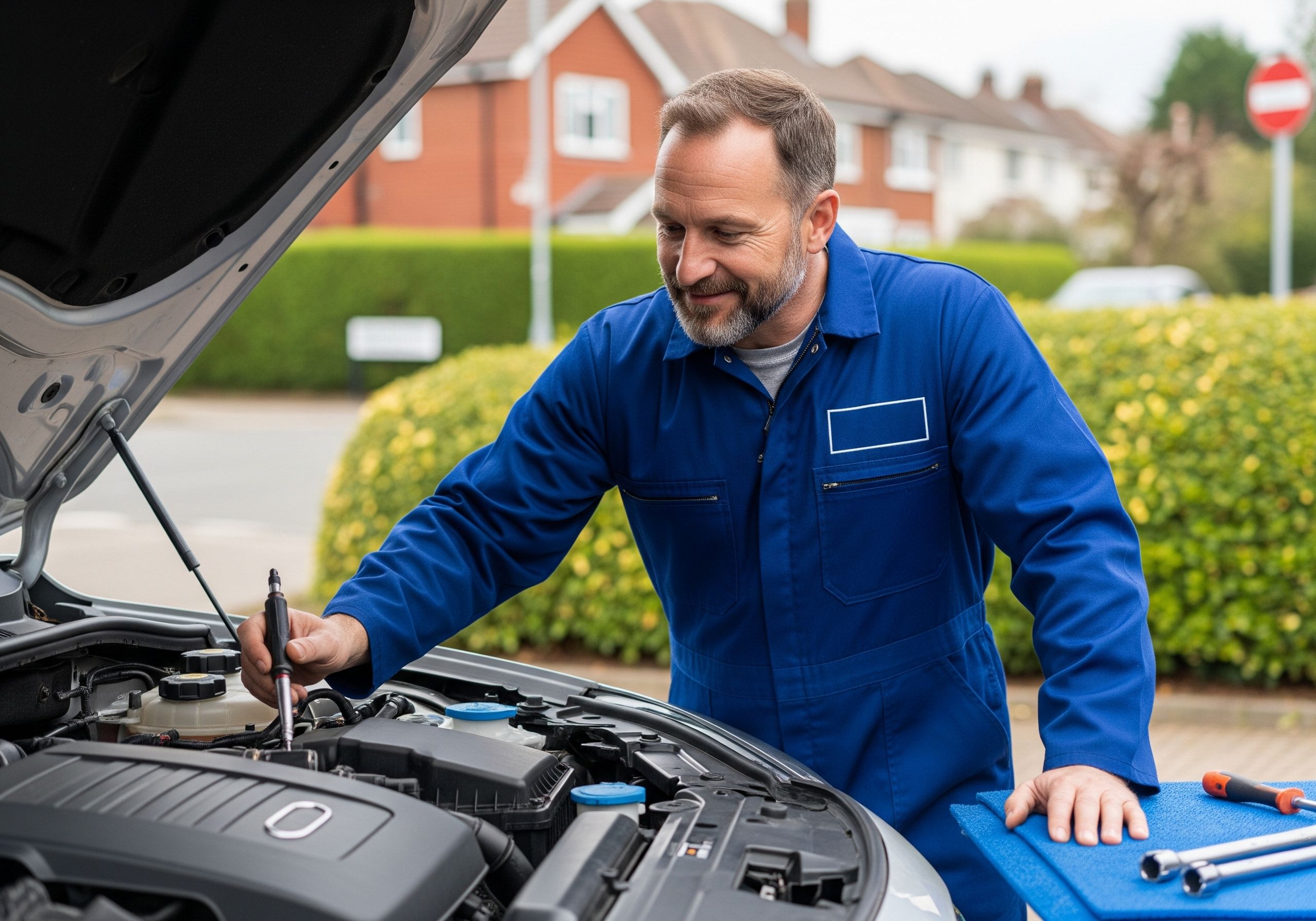 Mark, a professional mechanic, working on a car engine.