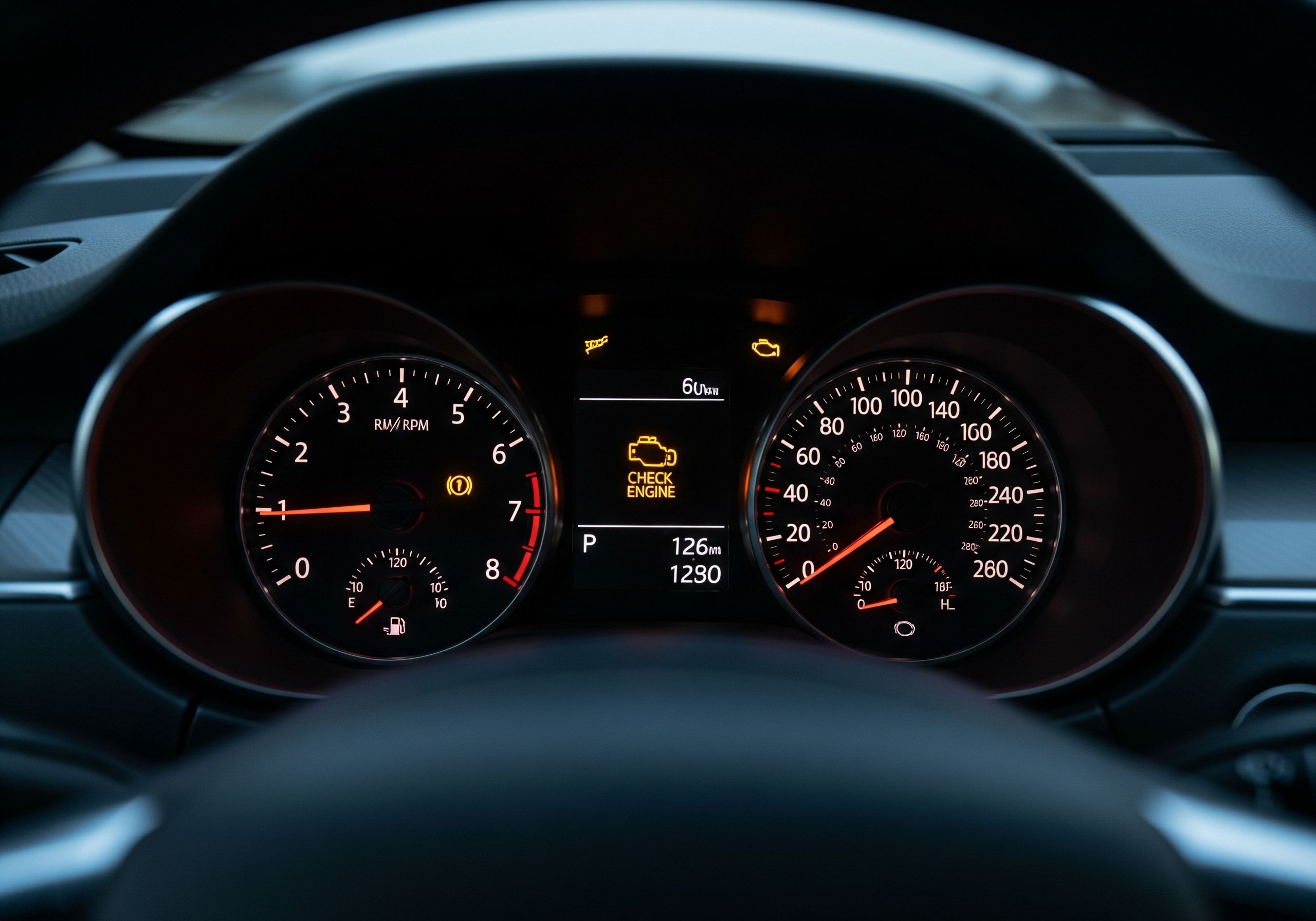 A car's dashboard with several warning lights illuminated.