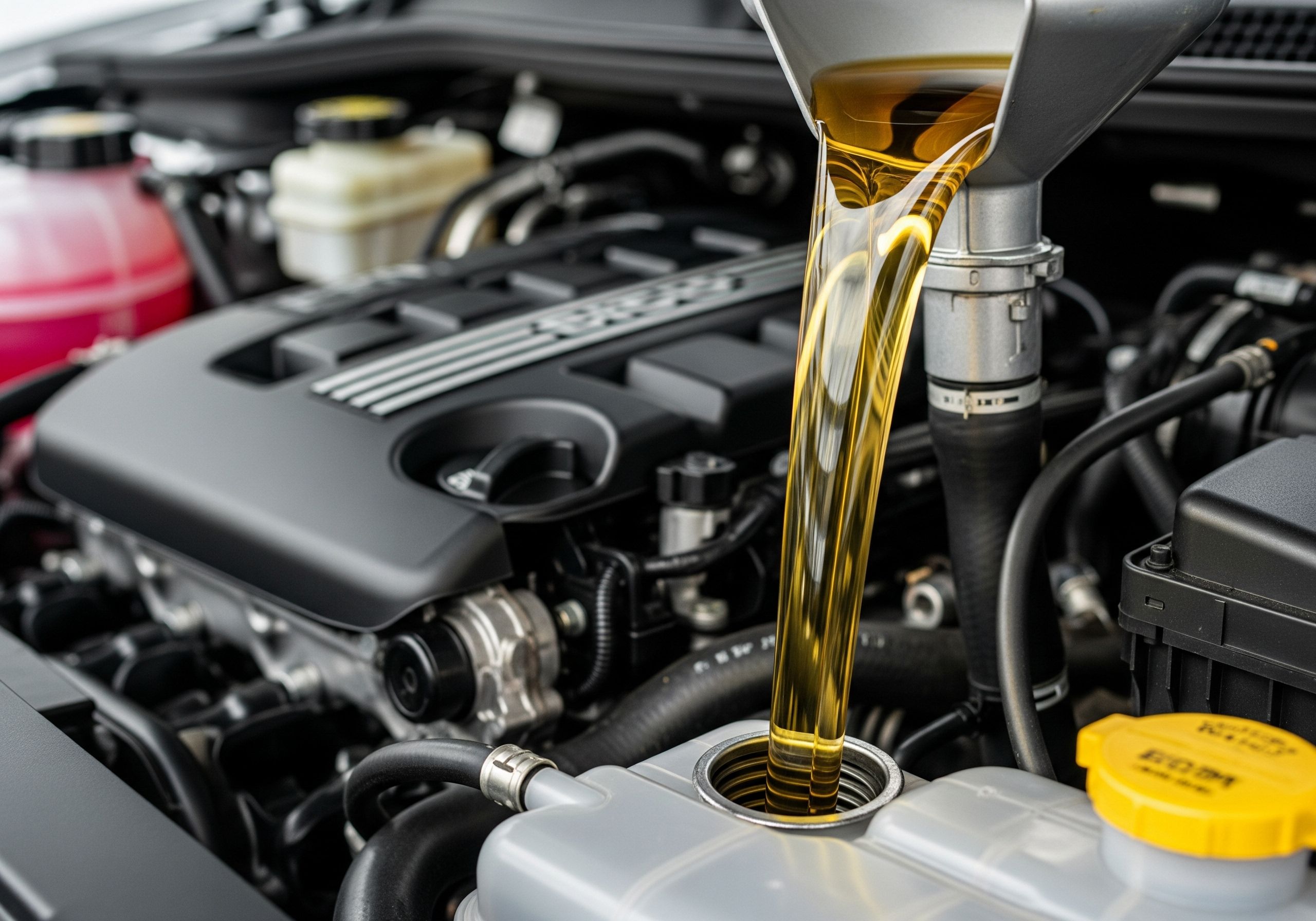 Clean engine oil being poured into a car.