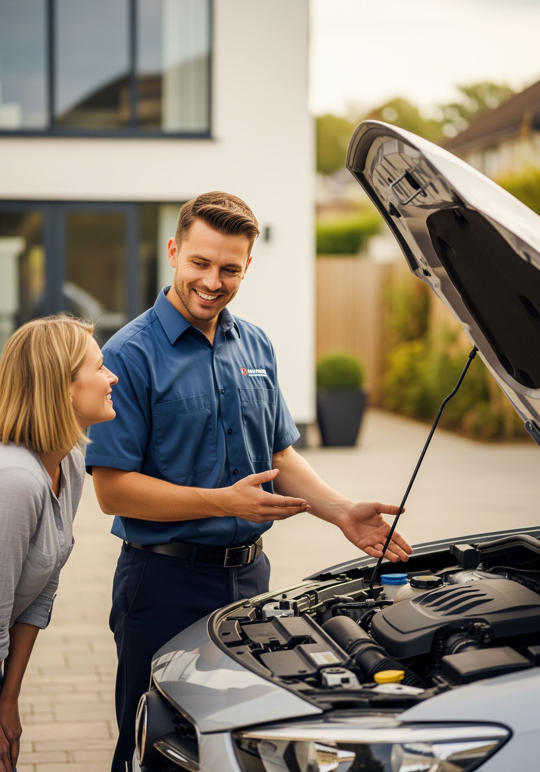 A classic car being carefully inspected by a mobile mechanic.